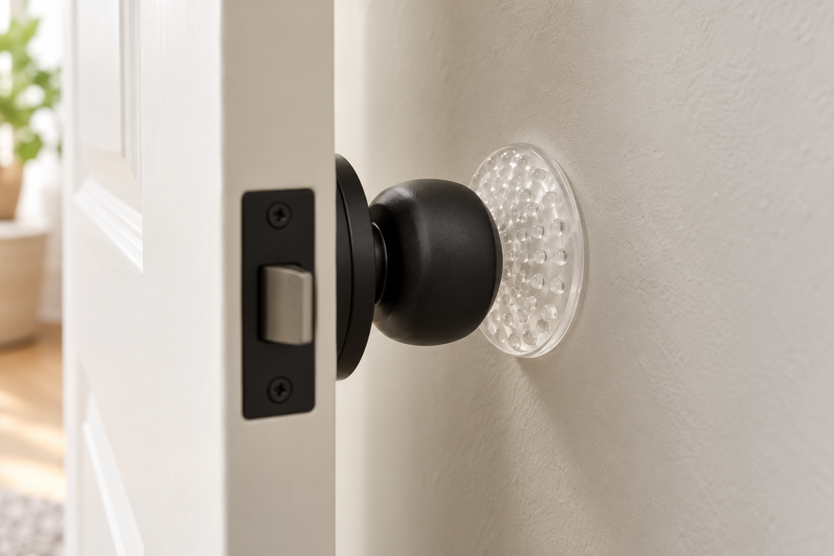 Clear silicone wall protector stopping a matte black door knob from denting the wall