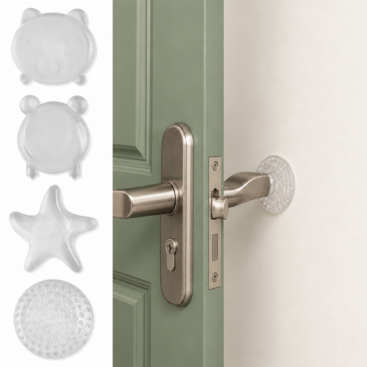 Kindwall clear silicone door knob wall protector on a sage green door, with bear, frog, sea star and round shapes
