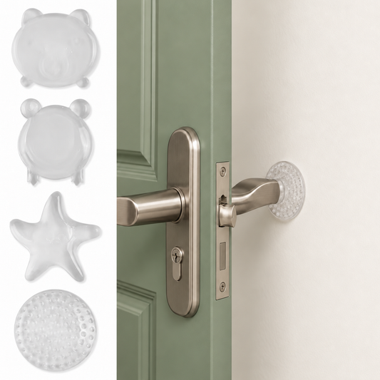 Kindwall clear silicone door knob wall protector on a sage green door, with bear, frog, sea star and round shapes