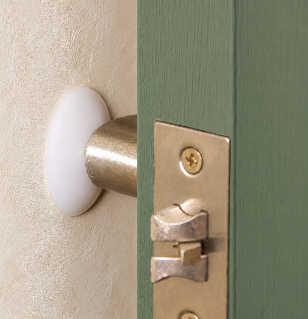 White silicone door stopper protecting the wall behind a door handle on a sage green door